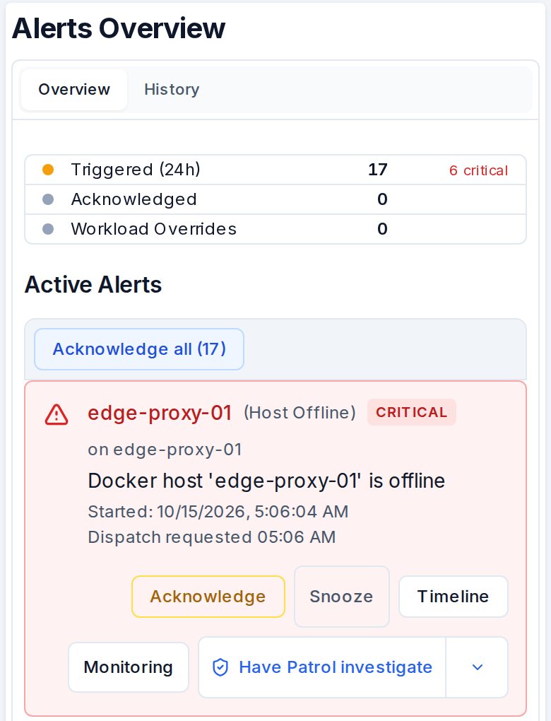 Resumen de alertas de Pulse con catorce alertas disparadas en el último día y una alerta crítica de un servicio Docker con reconocer, posponer, cronología e investigación de Patrol