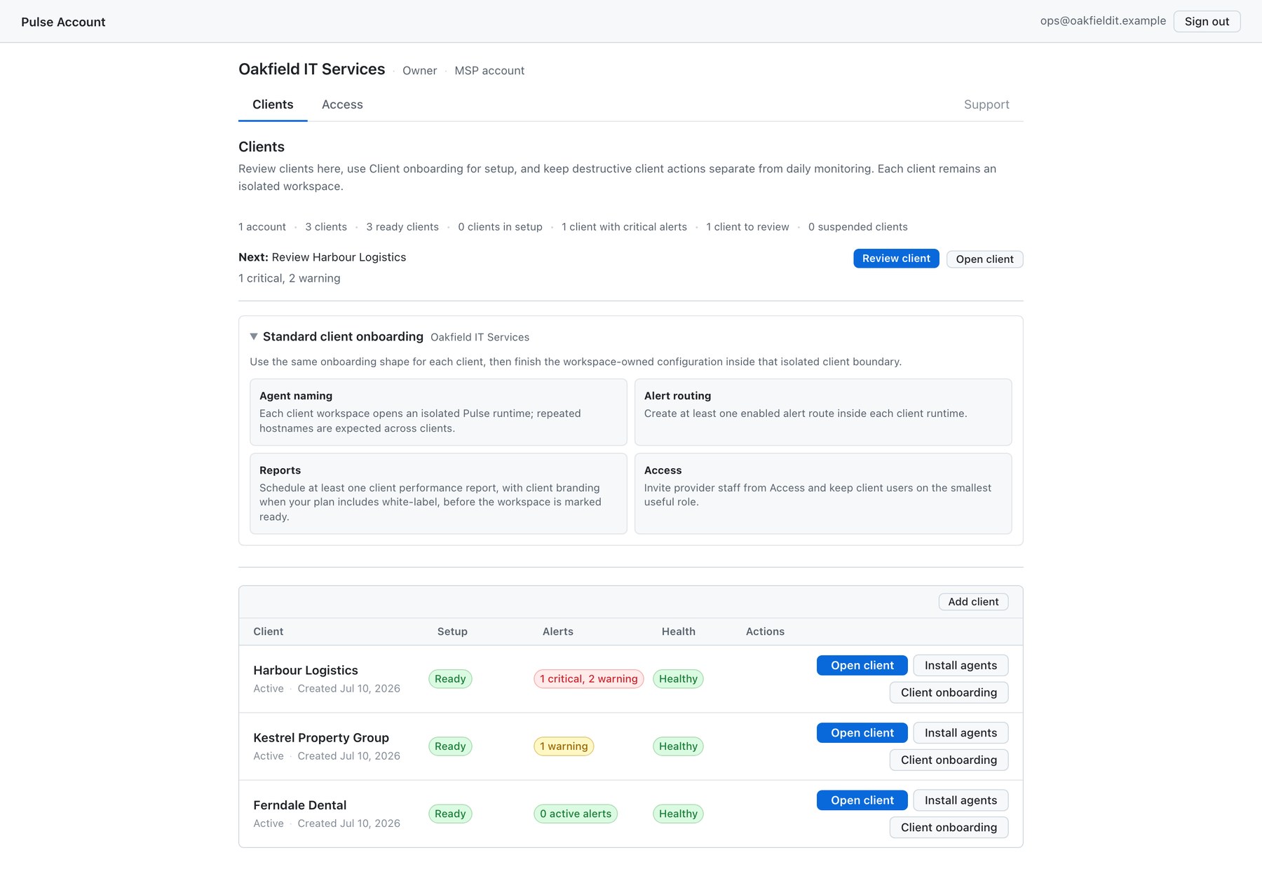 Pulse Account provider portal listing three client workspaces with setup status, active alert rollups, health, and onboarding actions